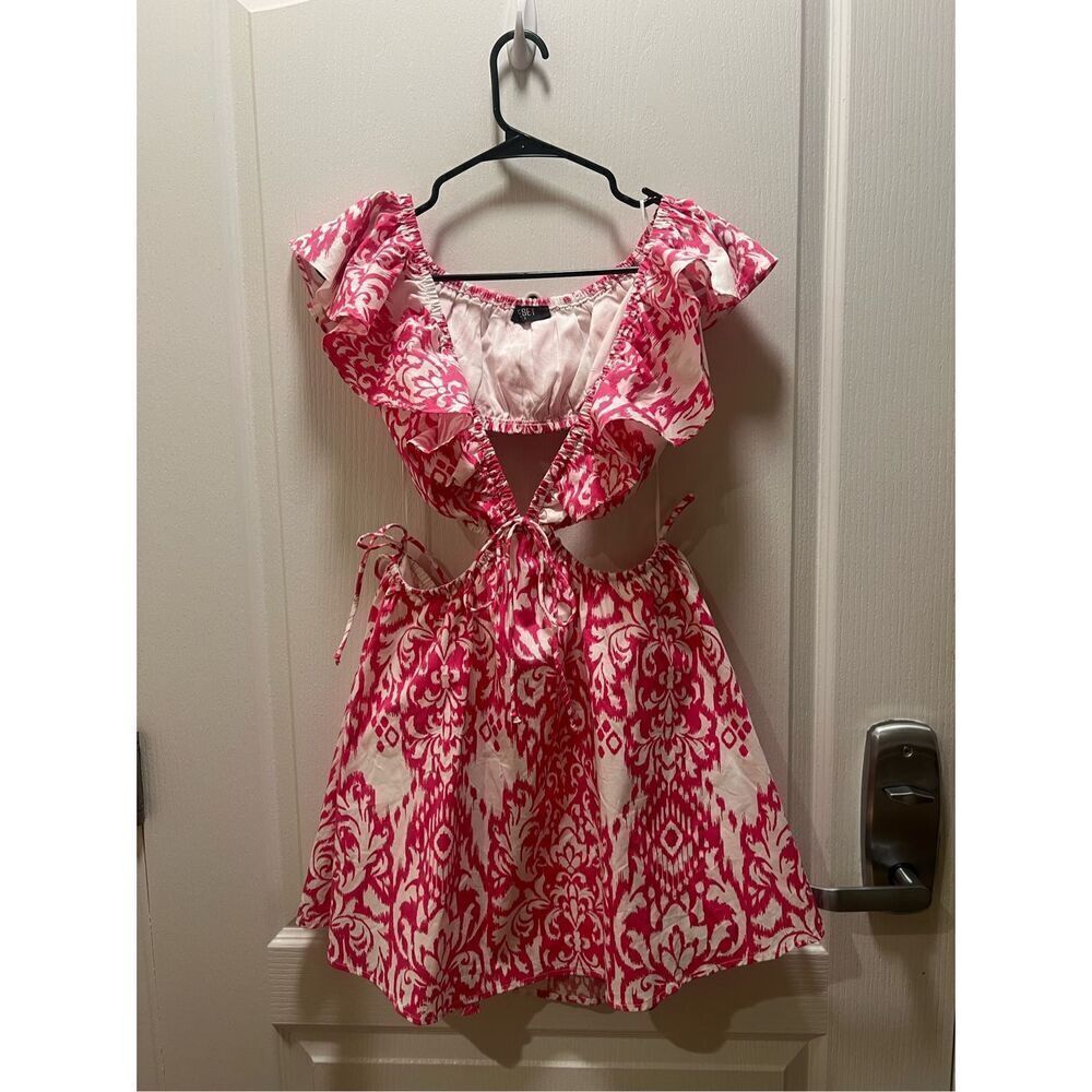 Reset by Jane Cutout Mini Dress -pink & white Layered ruffle neckline size S